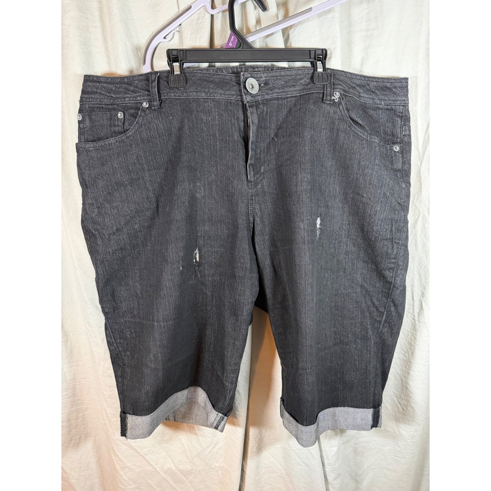 Miss Lili Black Denim Bermuda Shorts Plus Size 20 Cuffed Distressed Dark Wash